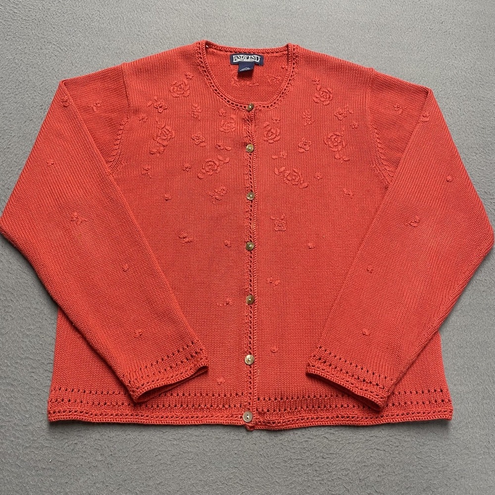 Lands End Sweater Cardigan Women's Medium Red Floral Knit Button Front Crew Neck